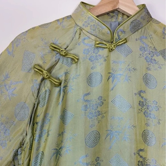 Vintage Green 2 Piece Kaftan Kimono Style Mandarin Collar Pants & Top Lounge Set - Picture 3 of 9